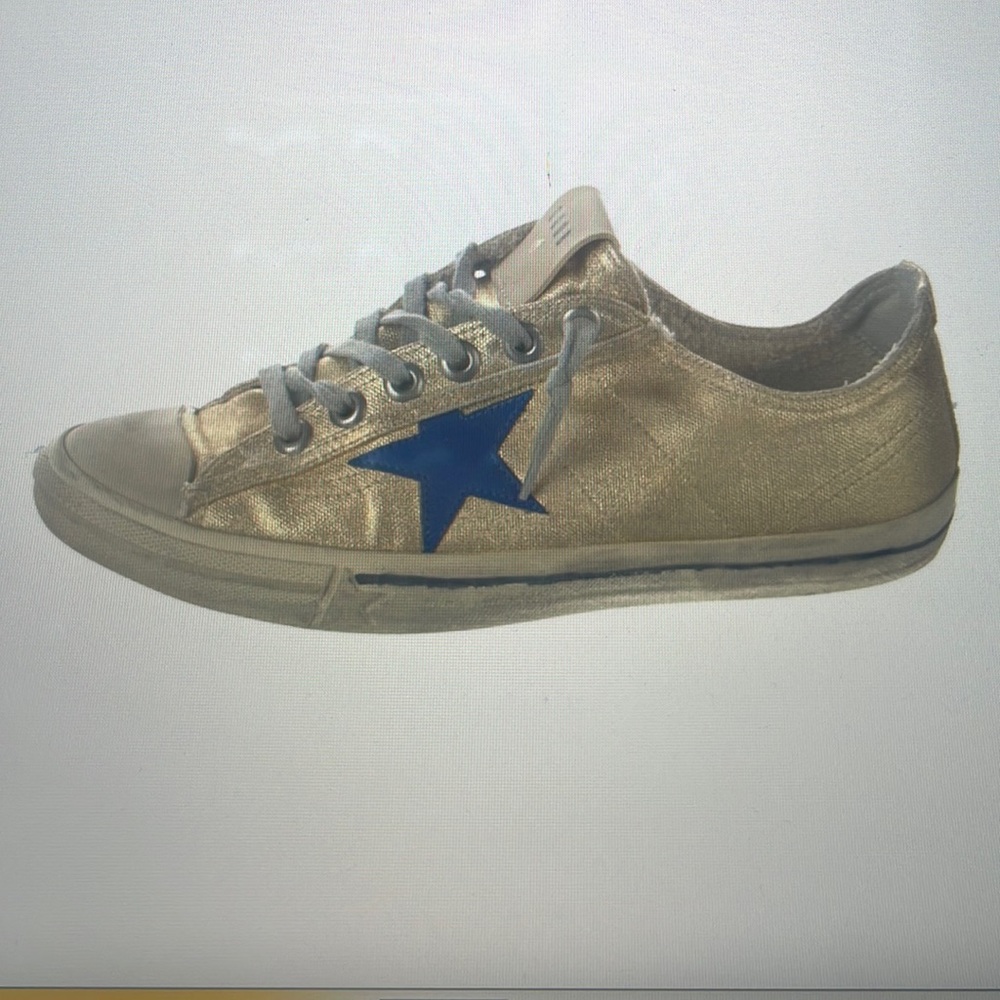 Gold and blue golden goose sneakers